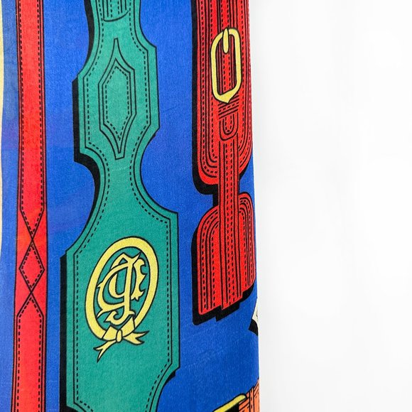 Vintage Multicolor Blue Cream Hermes Style Printed Oversized Silky Wrap Scarf - Picture 3 of 4